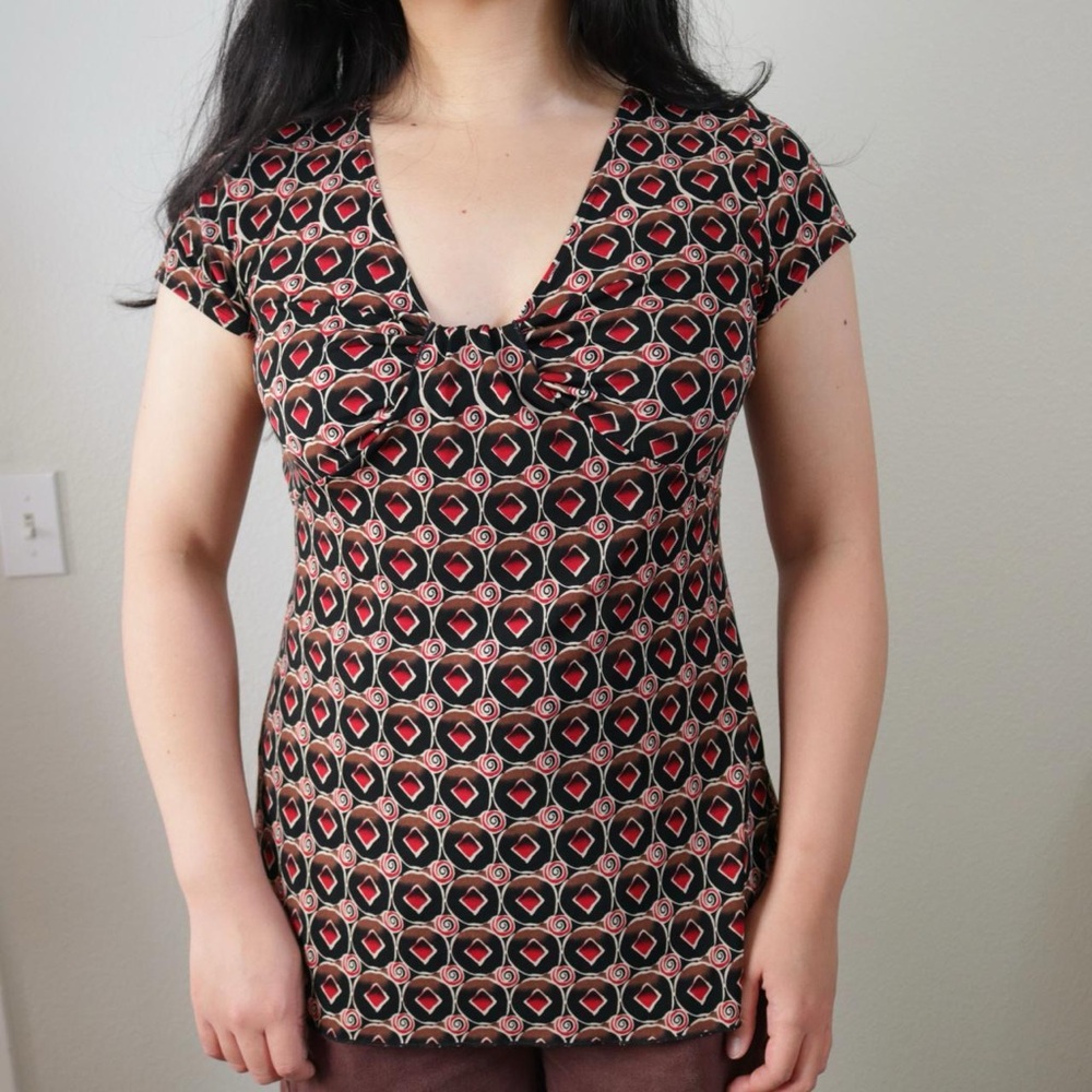 Cute Brown And Red Funky Patterned Blouse - image 3